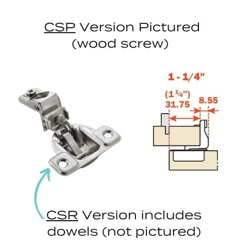 CSP3A99N - Hinge - 106 Degree - 1 1/4 Inch Overlay - Self Close - Wood Screw - Face Frame - 2 Cam - Nickel Finish - Salice